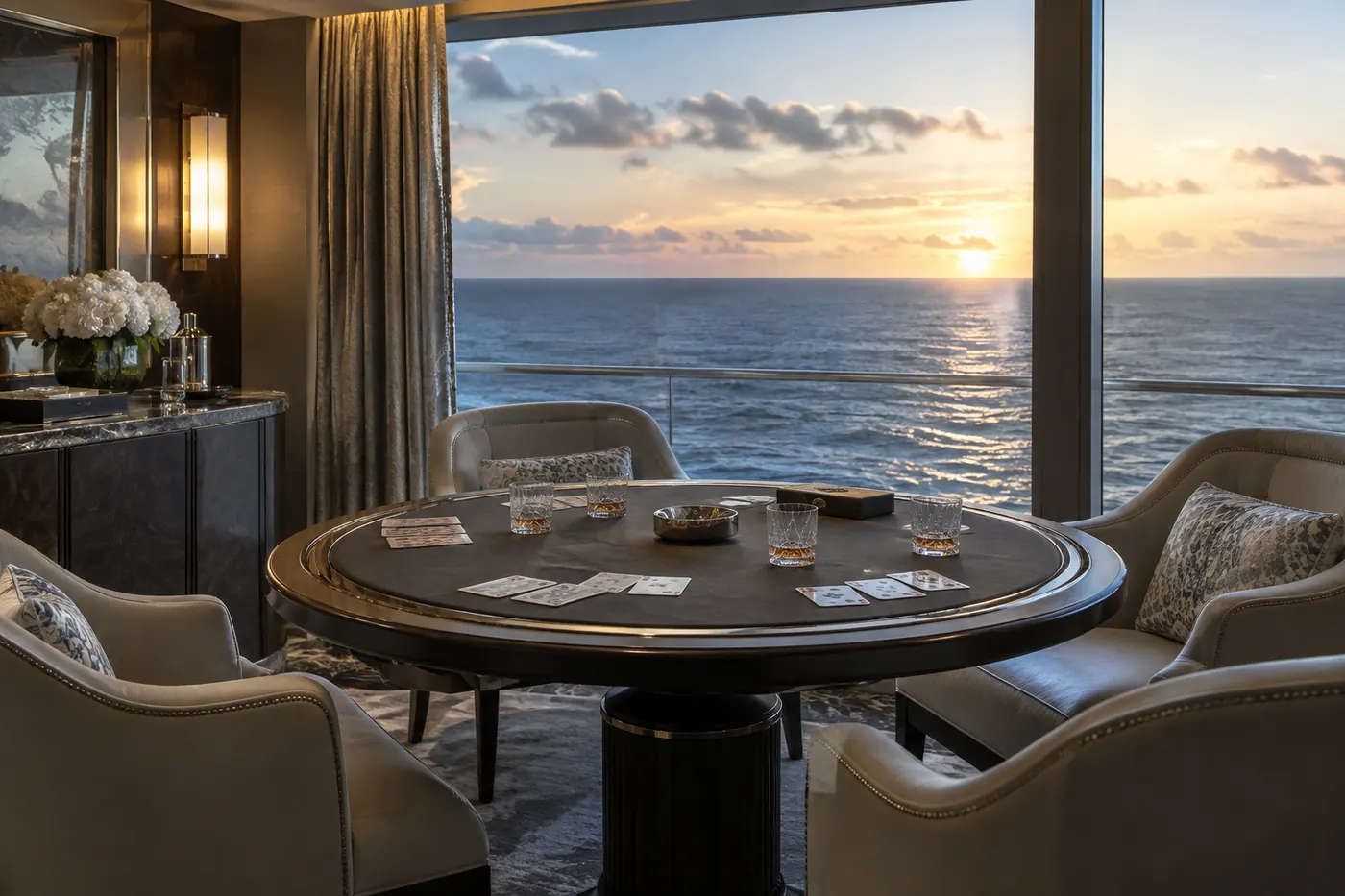 Private gaming lounge aboard the ship with a card table and panoramic horizon view